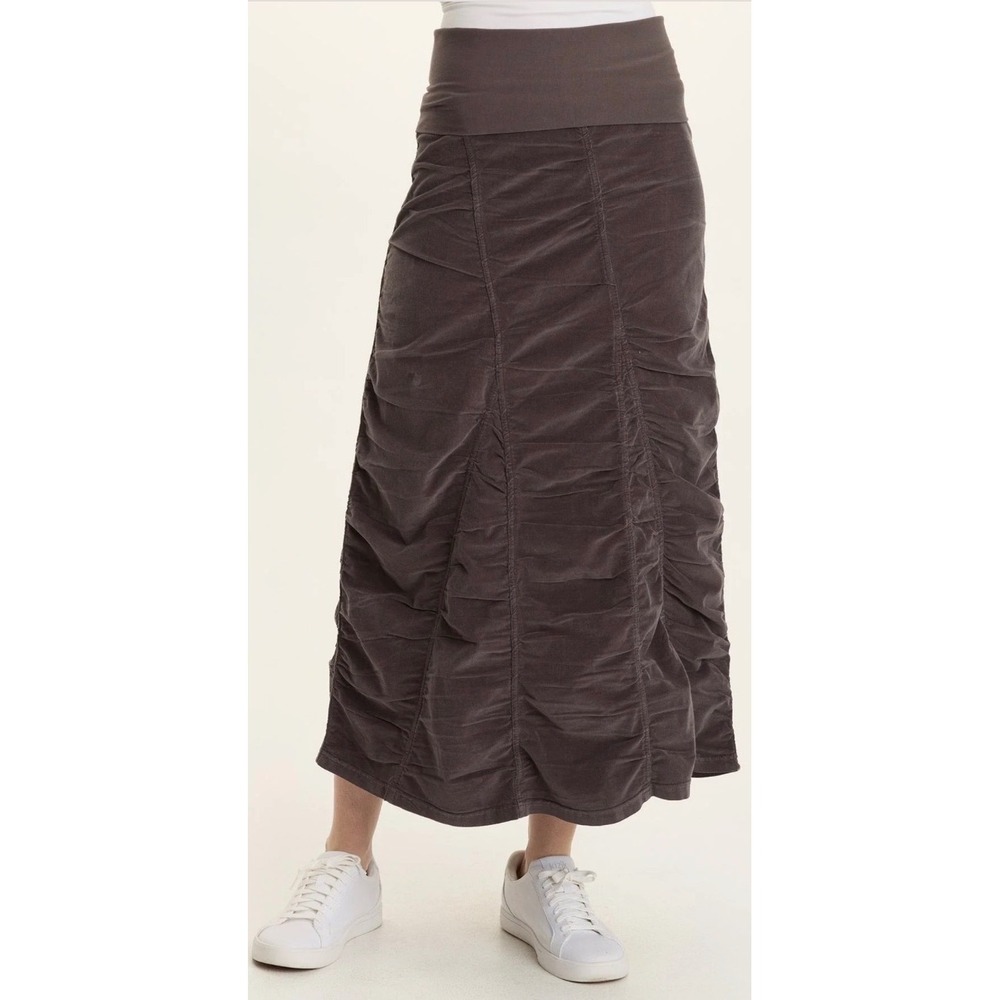XCVI Wearables Gray CORD SHIRRED PEASANT SKIRT L Ruched Lagenlook Boho artsy